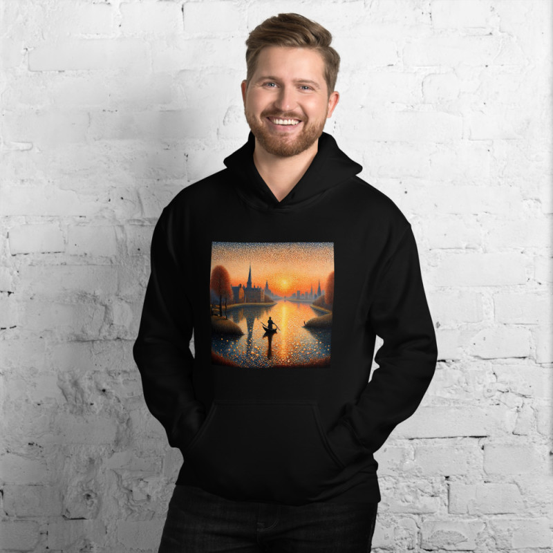 Unisex Hoodie boat on a lake in pointillist style