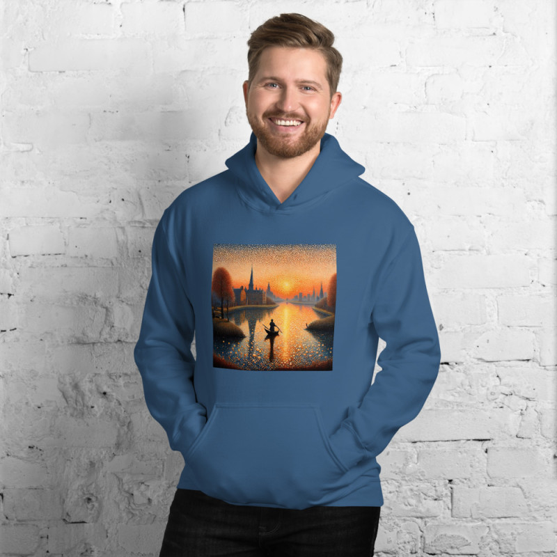 Unisex Hoodie boat on a lake in pointillist style