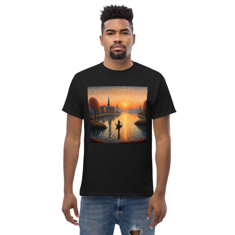 Camiseta clásica hombre barco en lago estilo puntillista