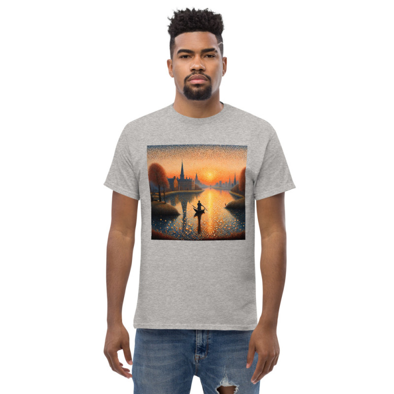 Camiseta clásica hombre barco en lago estilo puntillista