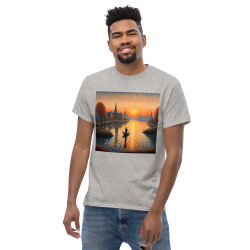 Camiseta clásica hombre barco en lago estilo puntillista