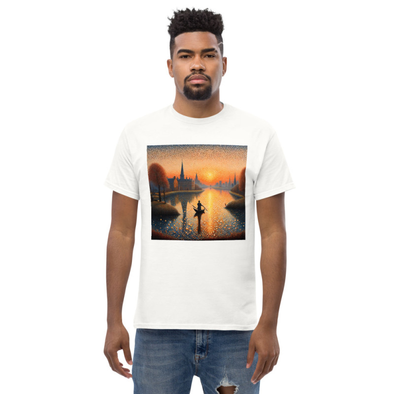 Camiseta clásica hombre barco en lago estilo puntillista