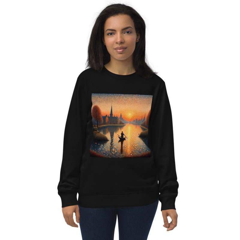 Unisex organic sweatshirt boat on a lake in pointillist style