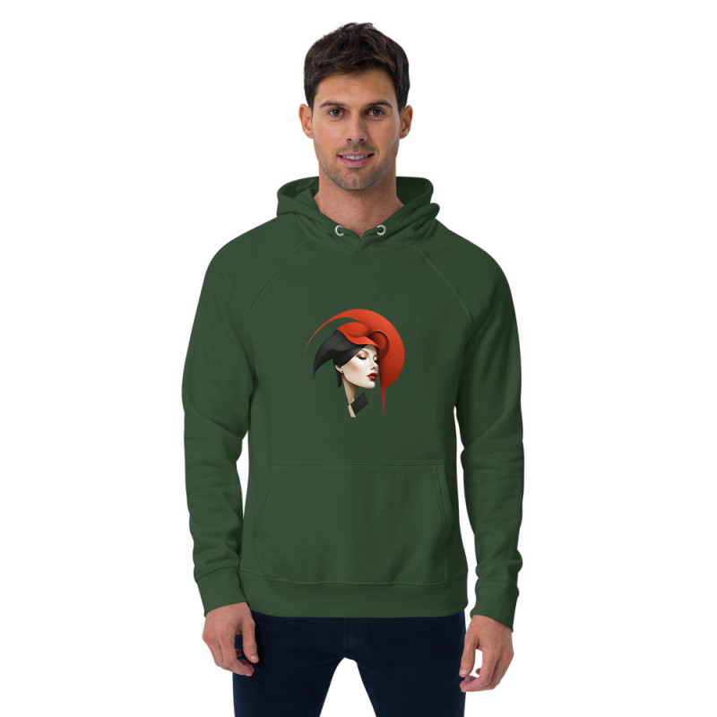 Unisex eco raglan hoodie woman's face with red headdress