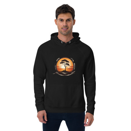 Unisex eco raglan hoodie sunrise with tree