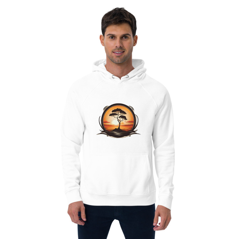 Unisex eco raglan hoodie sunrise with tree