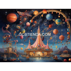 Carrusel surrealista celestial con planetas