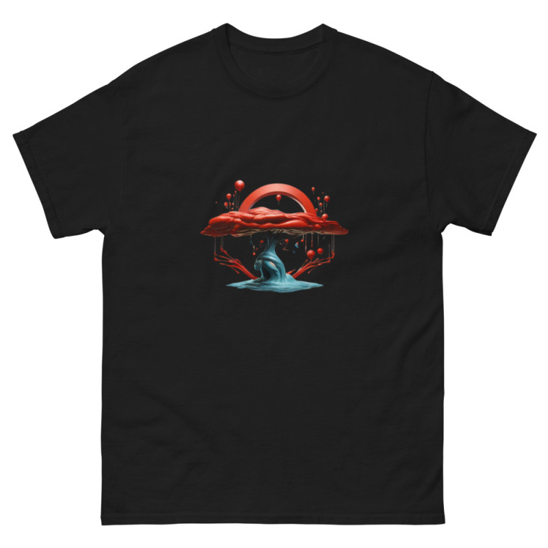 Camiseta de hombre árbol azul copa roja surrealista