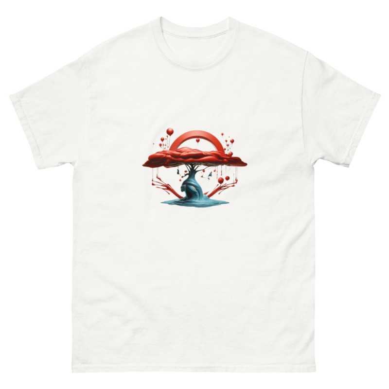 Camiseta de hombre árbol azul copa roja surrealista